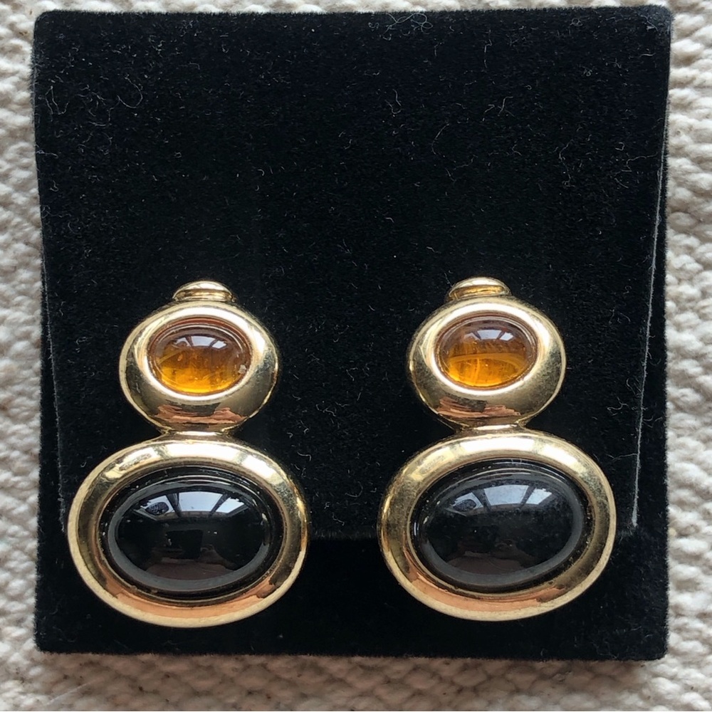 Vintage Signed Modital 90's Onyx Amber Brass Gold Statement Earrings